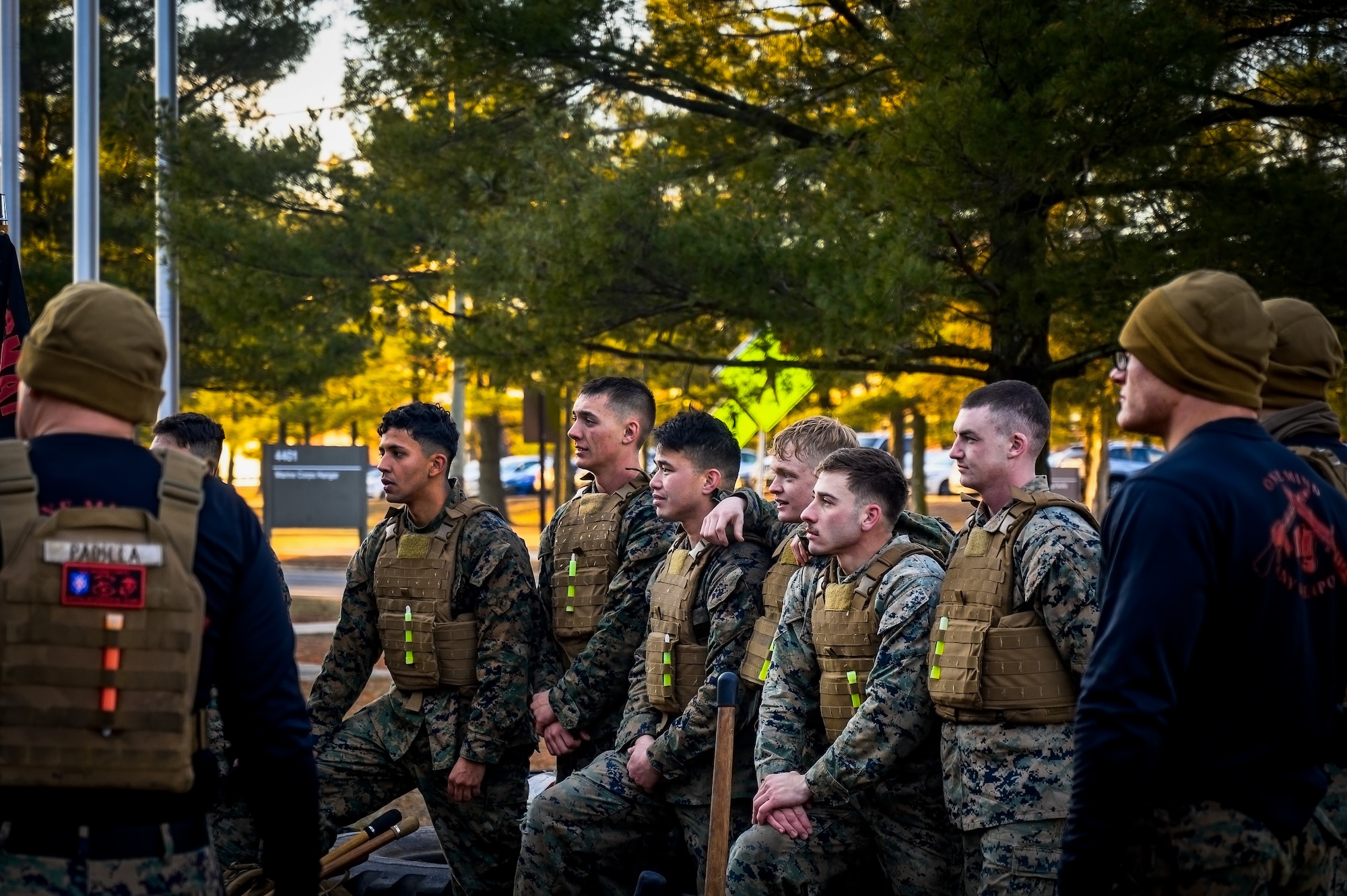 U.S. Marines assigned to Marine Aircraft Group 49 receive instruction following the culmination event of the Marine Corps Martial Arts Program at Joint Base McGuire-Dix-Lakehurst, N.J., Jan. 16, 2025. MCMAP is a combat system that combines existing and new hand-to-hand and close quarters combat techniques with morale, team-building functions and instruction in the warrior ethos. The techniques used by MCMAP vary in degrees of lethality allowing members to qualify and master up to six disciplines through continuation in the program. (U.S. Air Force photo by Senior Airman Matt Porter)