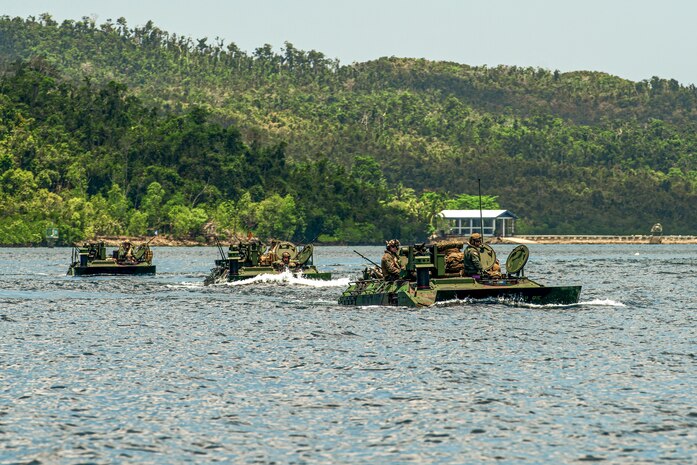 U.S. Marine Corps amphibious combat vehicles attached to 15th Marine Expeditionary Unit, conduct open water transit at Exercise Balikatan (BK) 24 in Naval Detachment Oyster Bay, Palawan, Philippines, May 4, 2024. BK 24 is an annual exercise between the Armed Forces of the Philippines and the U.S. military designed to strengthen bilateral interoperability, capabilities, trust, and cooperation built over decades of shared experiences. (U.S. Marine Corps photo by Lance Cpl. Peyton Kahle)