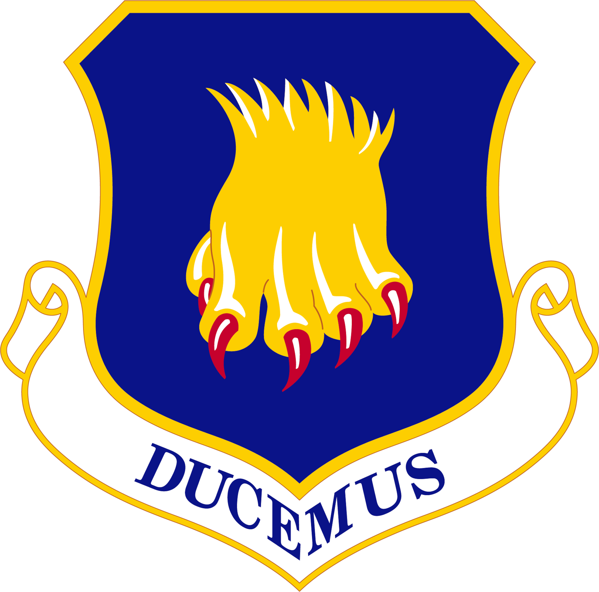 The approved emblem of the 22 ARW consist of an Ultramarine Blue shield bordered with Air Force Yellow (The USAF colors).  In the center lies a yellow cougar’s paw with extended red claws signifying armed power.  Beneath the shield is a scroll bearing the unit motto: DUCEMUS (pronounced DEW-CAME-US), written in the Latin and translated as “We Shall Lead.”