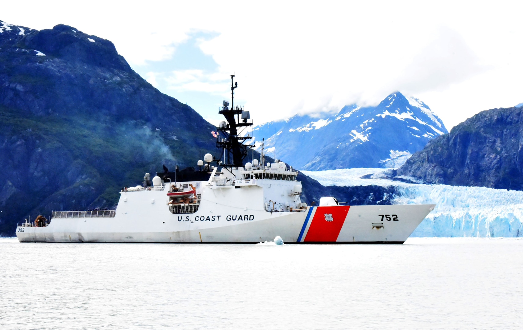 The Coast Guard Cutter Stratton (WMSL 752) transits Glacier Bay, Alaska, Aug. 1, 2024, while patrolling the region. Stratton’s crew returned to its homeport in Alameda, Calif., on Nov. 4, after completing a 110-day patrol in the Arctic Ocean, Chukchi Sea and Bering Sea. U.S. Coast Guard courtesy photo.