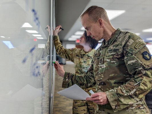 Sgt. Maj. Gregory Byrd, the operations sergeant major for the 1st Armored Brigade Combat Team, 34th Red Bull Infantry Division, conducts mission analysis with a group of staff officers during annual training at Camp Ripley on April 12th, 2022. 

During their annual training period these staff officers are conducting mission analysis and course of action development to assist in the creation of a training plan and to form the required training itself. Their courses of action will supply subordinate battalions with the necessary information to create their own training plans, giving Soldiers at the lowest level a degree of predictability and stability in what to expect in the coming years.