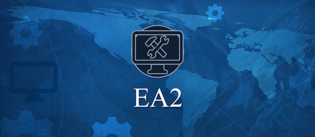 A world background with the word EA2 under an icon of a computer screen with crossed tools on it