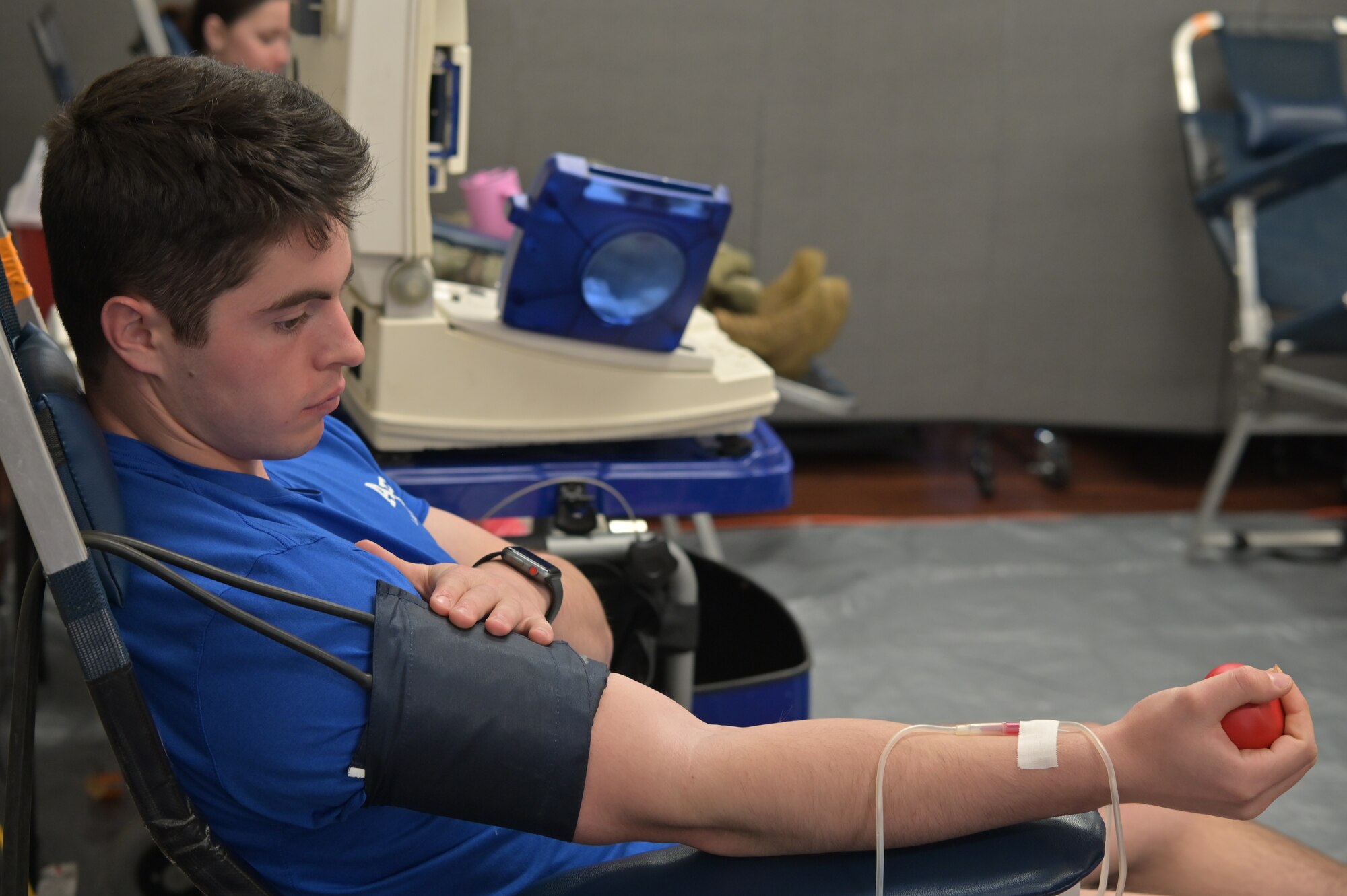 A donor prepares to give blood at the Columbus Air Force Base blood drive, Jan. 24, 2025.