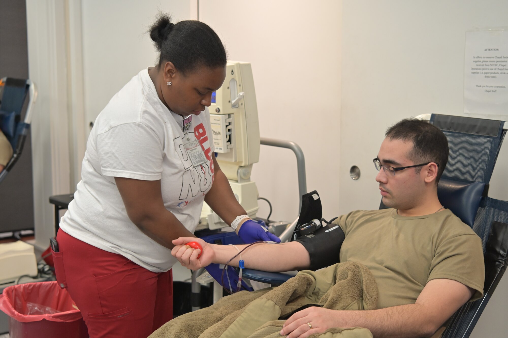 Airman Eddie Sanchez-Santiago, 14th Communications Squadron, donates blood at the Columbus Air Force Base blood drive, Jan. 24, 2025, at the Chapel Annex.