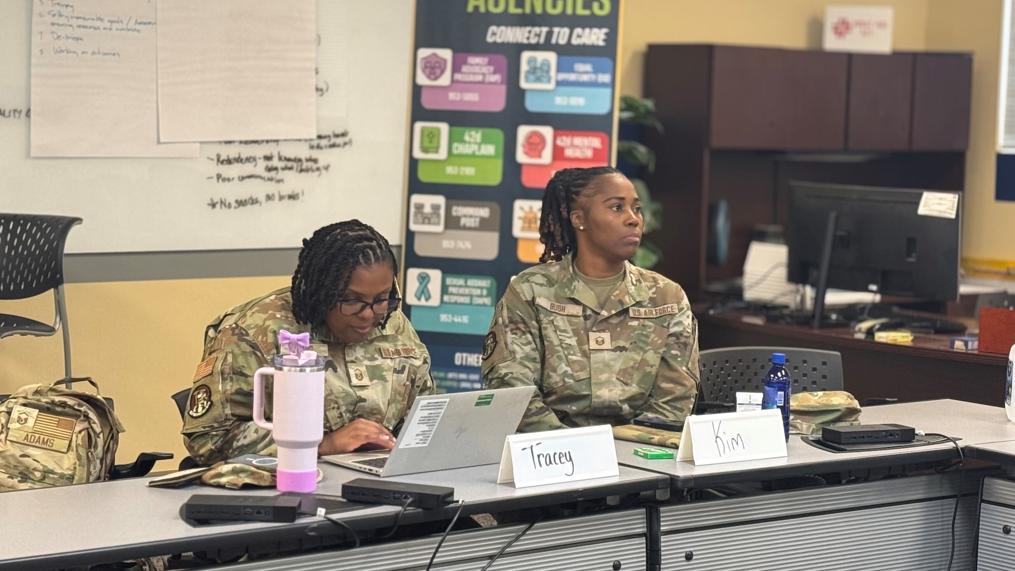U.S. Air Force Master Sgt. Tracey Adams left, 908th Operations Support Squadron and Master Sgt. Kimberly Bush, 703rd Helicopter Squadron, attend a Foundations 700 Course at Maxwell Air Force Base, Alabama, Dec. 19, 2025.