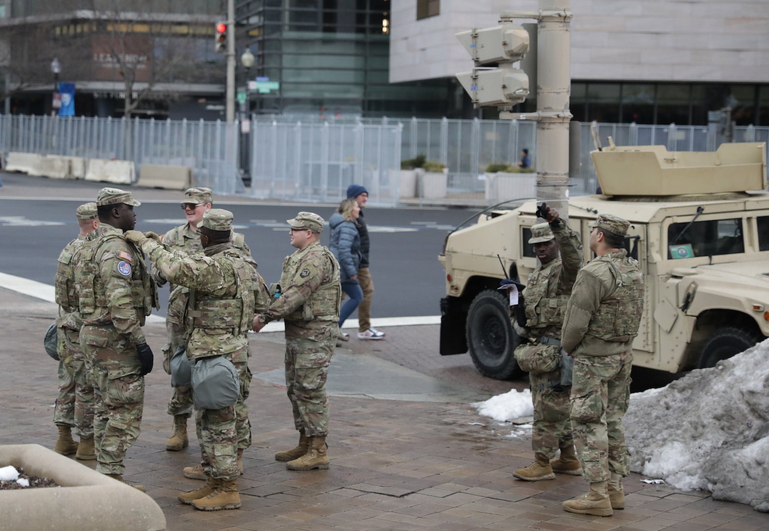 Pennsylvania National Guard Military Police attached to Joint Task Force-District of Columbia (JTF-DC) go over plans in Washington, D.C., Jan. 17, 2025.  Approximately 8,000 National Guard service members from approximately 40 states, territories, and the District of Columbia comprise JTF-DC to support the 60th Presidential Inauguration, continuing a legacy that began in 1789 when their predecessors escorted George Washington to the first inauguration. At the request of civil authorities, these National Guard service members provide critical support such as crowd management, traffic control points, CBRN response, civil disturbance response, and sustainment operations. Their expertise and seamless collaboration with interagency partners help ensure a safe and peaceful transition of power during this historic event.