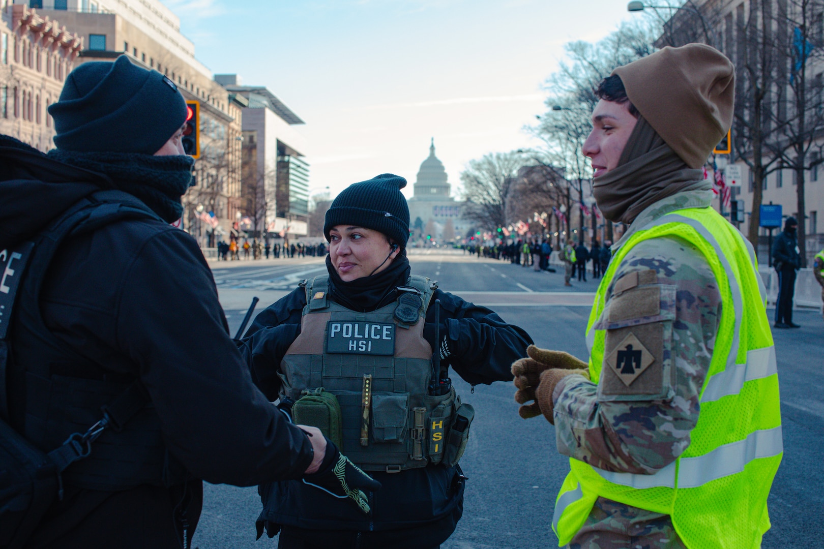 U.S. Army Spc. Deyton Harney, 777th Distribution Company (Aviation Support Battalion-Assault), Oklahoma Army National Guard, provides security during the presidential motorcade while assigned with Joint Task Force-District of Columbia (JTF-DC) in support of the 60th Presidential Inauguration in Washington, D.C., Jan. 20, 2025. as a member of Joint Task Force-District of Columbia (JTF-DC) in support of the 60th Presidential Inauguration in Washington D.C., Jan. 19, 2025. Approximately 8,000 National Guard service members from approximately 40 states and territories comprise JTF-DC to support the 60th Presidential Inauguration, continuing a legacy that began in 1789 when their predecessors escorted George Washington to the first inauguration. At the request of civil authorities, these National Guard service members provide critical support such as crowd management, traffic control points, CBRN response, civil disturbance response and sustainment operations. Their expertise and seamless collaboration with interagency partners help ensure a safe and peaceful transition of power during this historic event.