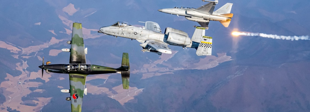A Republic of Korea Air Force FA-50 Golden Eagle, a U.S. Air Force A-10 Thunderbolt II, and a ROKAF KA-1 Woongbi conduct joint aerial operations during Buddy Squadron 25-4 over the Republic of Korea, Jan. 24, 2025.