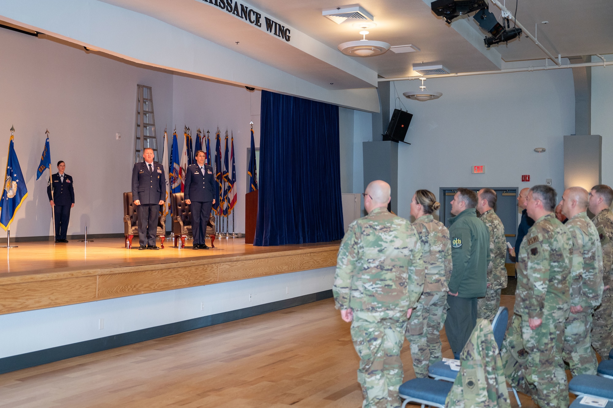 U.S. Air Force Armen stand at attention during the activation and assumption of command ceremony for the 932nd Battle Management Control Squadron in the Community Activity Center at Beale Air Force Base, California, Jan. 23, 2025.