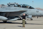 A U.S. Navy EA-18G Growler assigned to Electronic Attack Squadron 135, Naval Air Station Whidbey Island, Washington, arrives to Nellis Air Force Base, Nevada, Jan. 22, 2025, in preparation for Red Flag-Nellis 25-1. Red Flag was designed to expose each blue force pilot to their first 10 combat missions, allowing them to be more confident, effective, and combat-ready. (U.S. Air Force photo by William R. Lewis)
