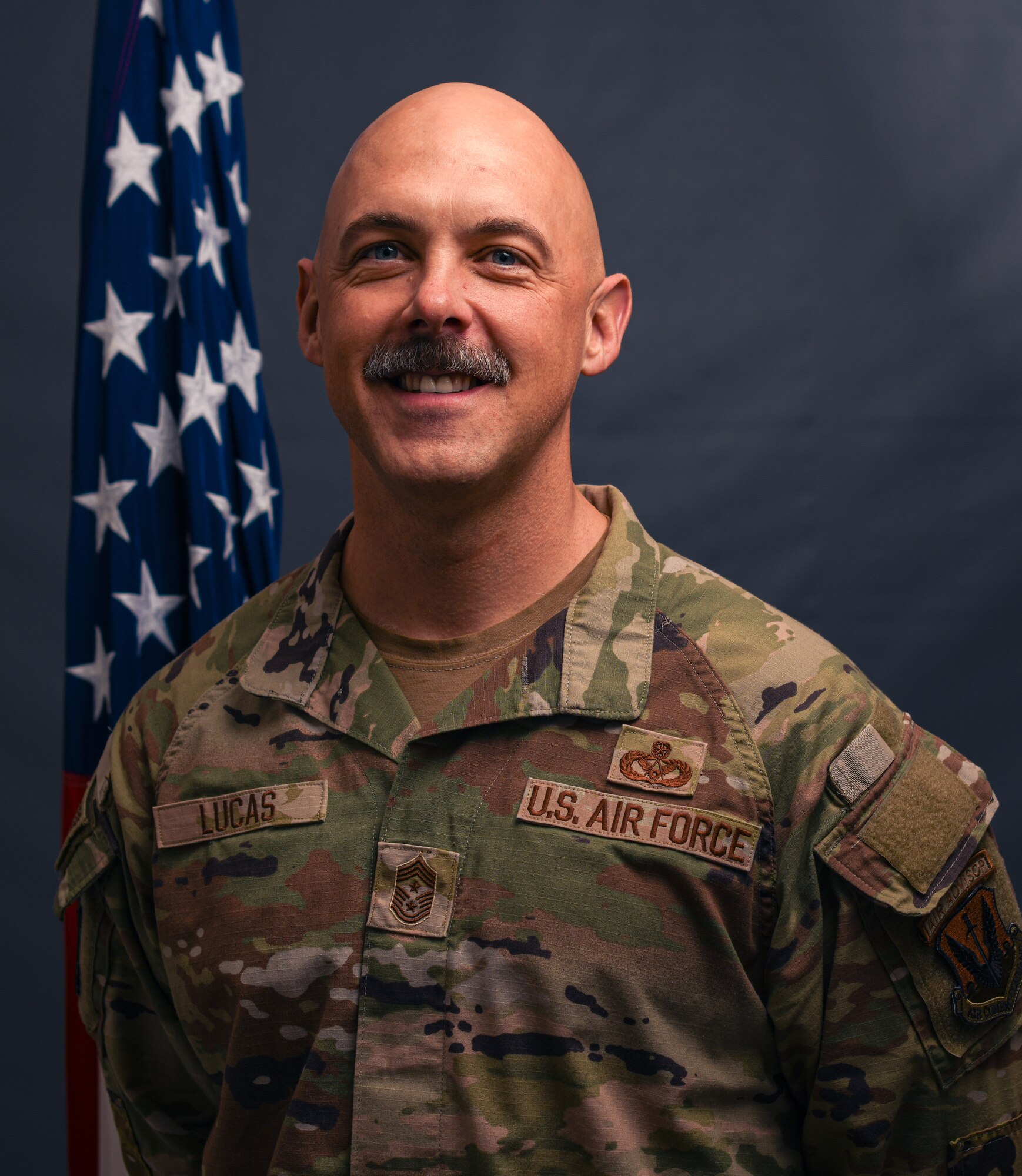 U.S. Air Force Command Chief Luke Lucas poses for a photo at Tyndall Air Force Base