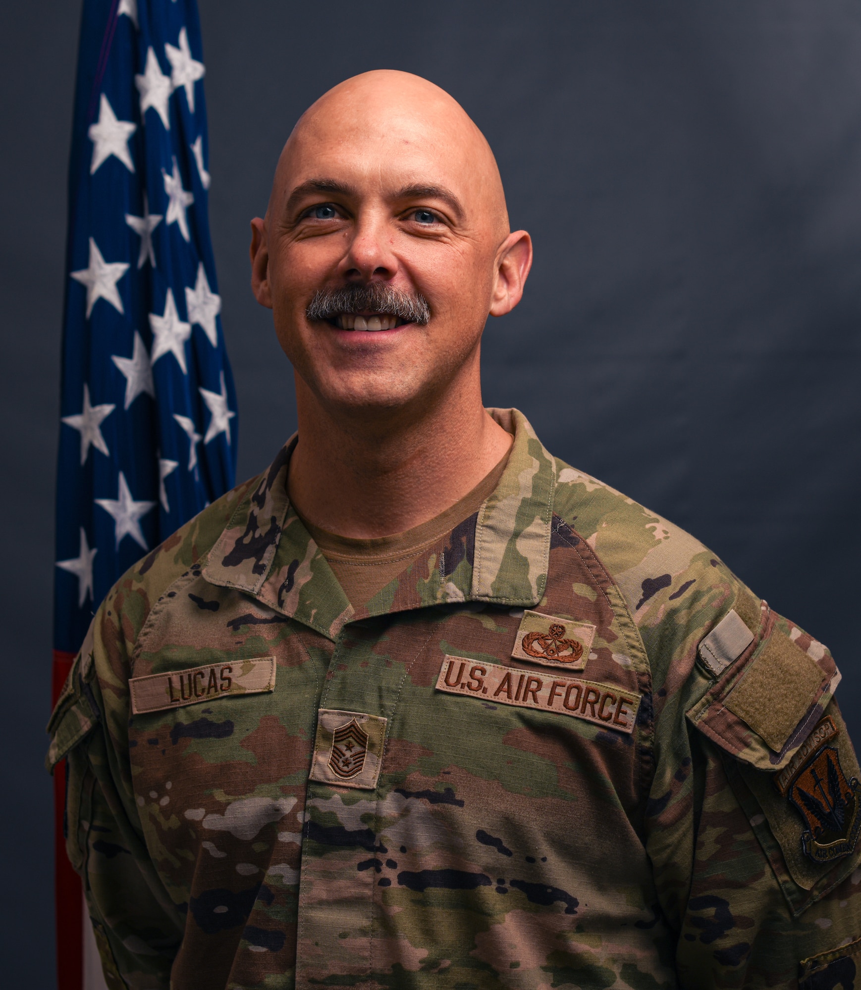 U.S. Air Force Command Chief Luke Lucas poses for a photo at Tyndall Air Force Base