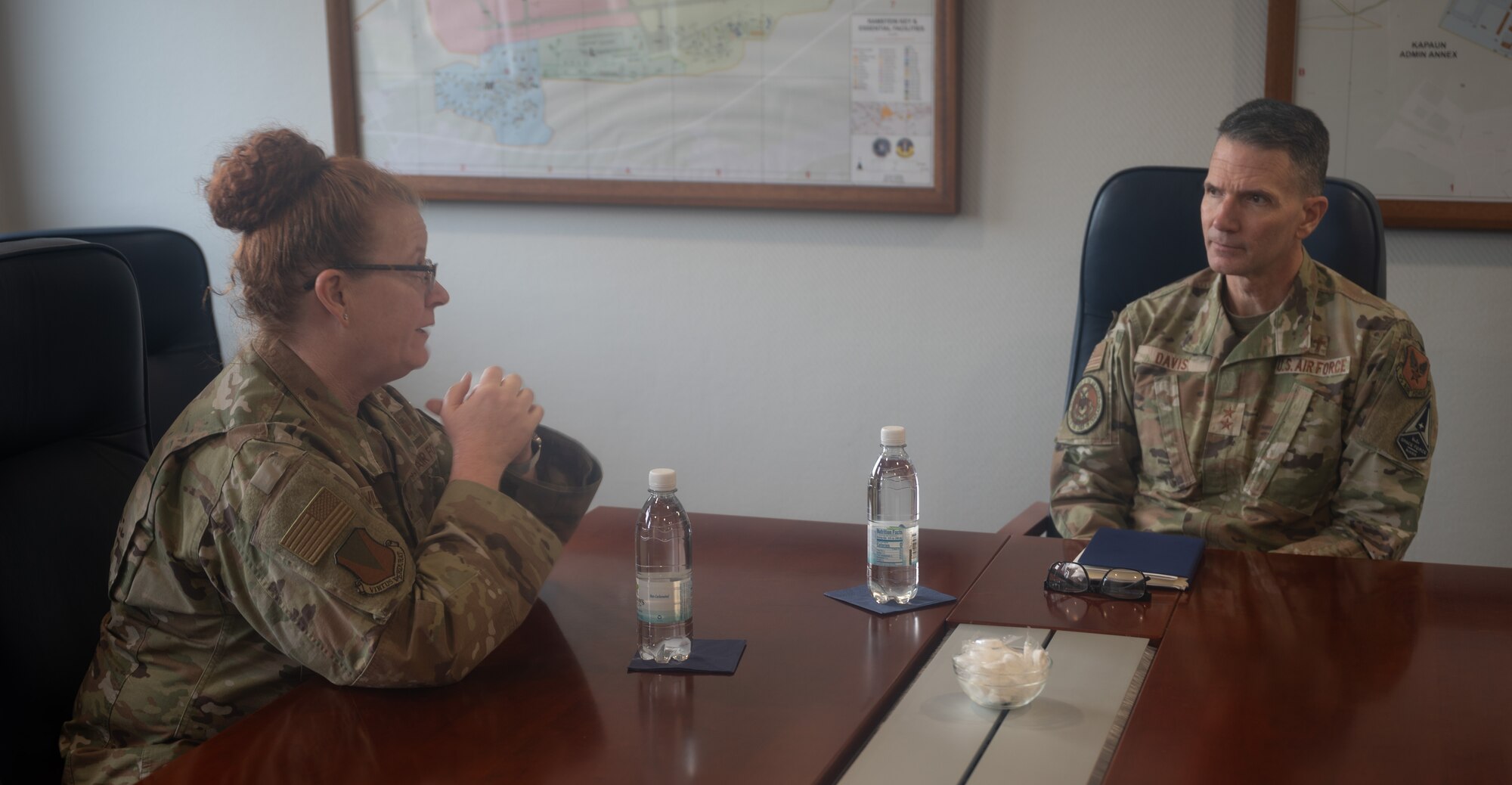 U.S. Air Force Brig. Gen. Adrienne L. Williams, 86th Airlift Wing commander, speaks with Maj. Gen. Trent C. Davis, Headquarters U.S. Air Force chief of chaplains, at Ramstein Air Base, Germany, Jan. 24, 2025.