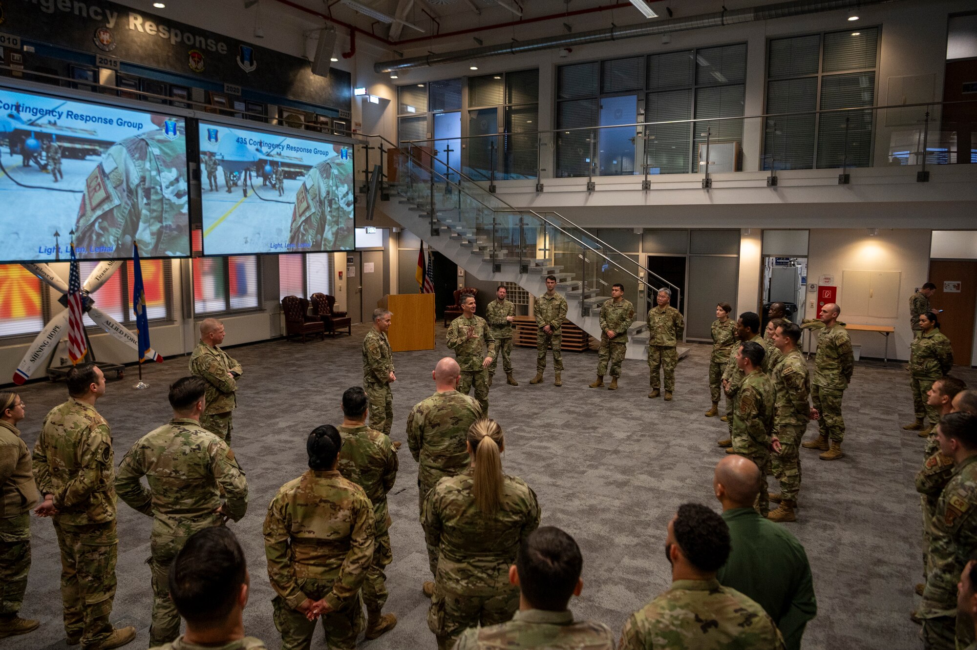 U.S. Air Force Maj. Gen. Trent C. Davis, Headquarters U.S. Air Force chief of chaplains, speaks to members of the 435th Contingency Response Group at Ramstein Air Base, Germany, Jan. 24, 2025.