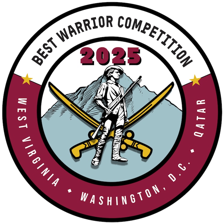 Round logo featuring the National Guard Minuteman, Qatar Sabers and a mountain in the background. 2025 is on the top. Around the edge is written (TOP) Best Warrior Competition (BOTTOM) West Virginia, Washington, D.C., Qatar.