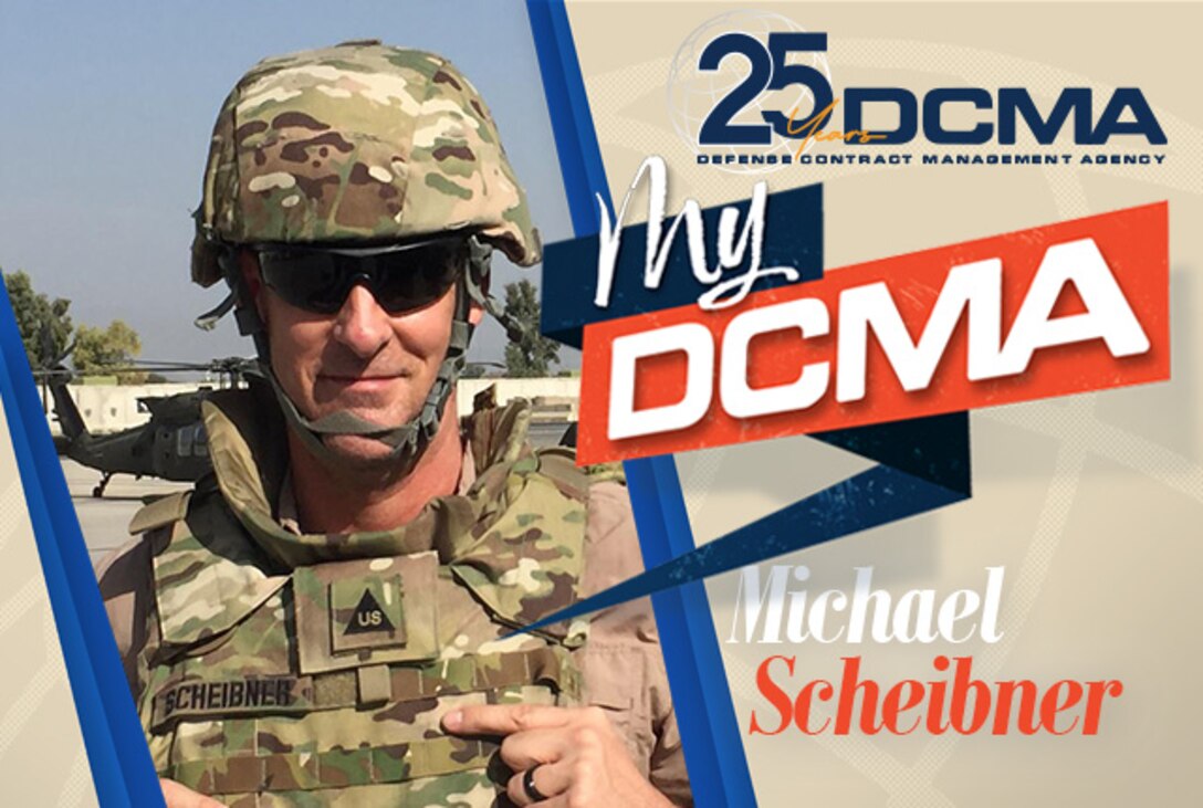 Graphic of Michael Scheibner wearing Army protective equipment with the My DCMA and the 25th Anniversary logos.