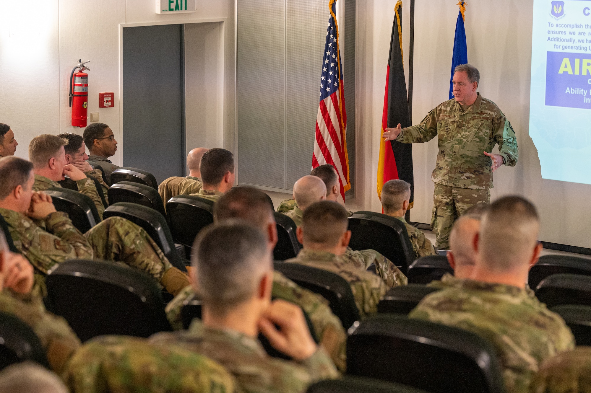 U.S. Air Force Gen. James B. Hecker, U.S. Air Forces in Europe and Air Forces Africa commander, speaks during the 2025 USAFE-AFAFRICA Mission Support and Maintenance Group Strategy Conference at Ramstein Air Base, Germany, Jan. 22, 2025. The focus of the symposium was to provide region-specific discussions and collaborative interactions from commanders and senior enlisted leaders of USAFE-AFAFRICA mission support and maintenance groups, focusing specifically on strategic thinking and joint integration. (U.S. Air Force photo by Senior Airman Renan Arredondo)