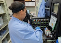 A medical laboratory technician at Wilford Hall Ambulatory Surgical Center prepares blood samples for diagnostic testing, Jan. 27, 2025.