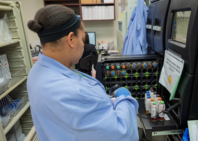 A medical laboratory technician at Wilford Hall Ambulatory Surgical Center prepares blood samples for diagnostic testing, Jan. 27, 2025.