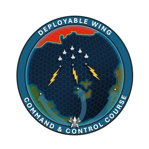 Graphic:  Deployable Wing Command and Control Course 
emblem: Hexagon Overlay: The globe is projected in hexagons, which is a nod to the KingFish ACE game used in the training course. These hexagons illustrate the difficulty, to include the tyranny of distance, within the projection of power and logistics prevalent in many theaters when executing agile combat employment (ACE) movement and maneuvers.  The glow of the globe denotes the significance of the training as ACE operations are a highlight of the USAF at all levels.