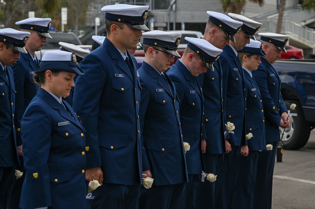 Coast Guard crew members from local units held a memorial service honoring the fallen crew members from Coast Guard Cutter Blackthorn, Tuesday, at the Blackthorn Memorial site in St. Petersburg.