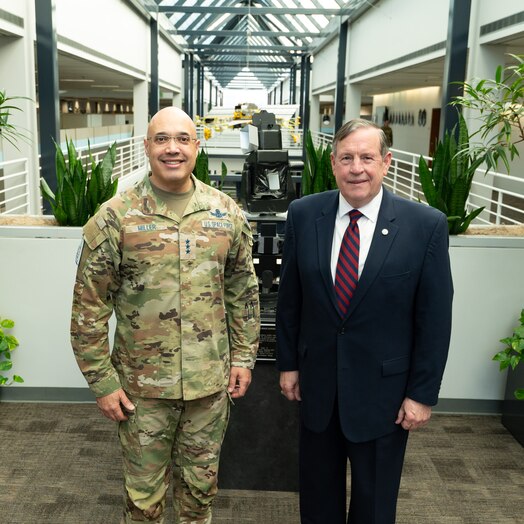  U.S. Space Force Lt. Gen. David N. Miller, Jr., Commander of Space Operations Command, greets Dr. John Ballard, President of National Intelligence University (NIU) at Peterson Space Force Base, Colorado, Jan. 28. 2025.