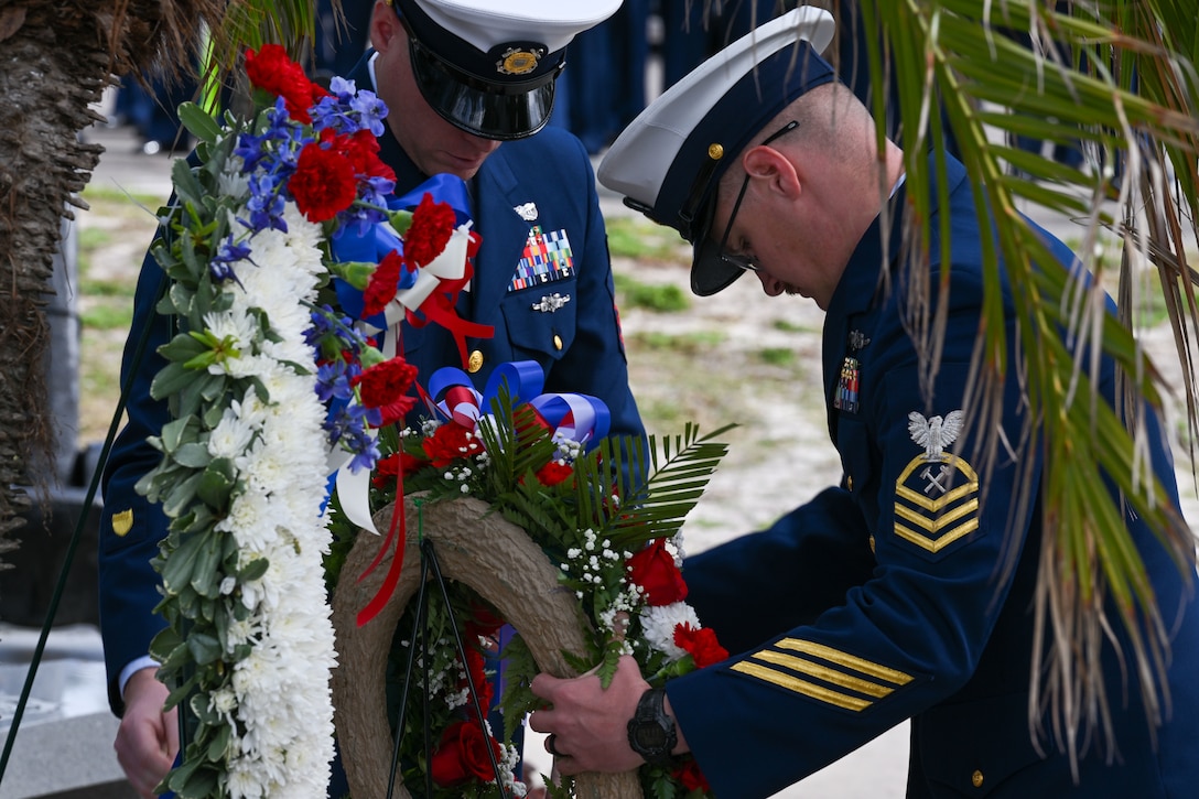 Coast Guard crew members from local units held a memorial service honoring the fallen crew members from Coast Guard Cutter Blackthorn, Tuesday, at the Blackthorn Memorial site in St. Petersburg.