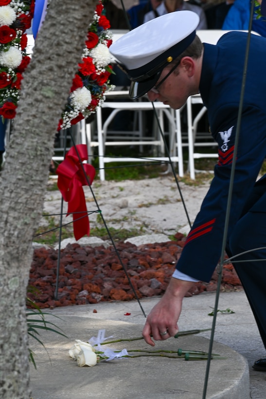 Coast Guard crew members from local units held a memorial service honoring the fallen crew members from Coast Guard Cutter Blackthorn, Tuesday, at the Blackthorn Memorial site in St. Petersburg.