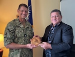 MAJURO, Republic of the Marshall Islands (Jan. 23, 2025) Commander, Joint Task Force-Micronesia (JTF-M) Rear Adm. Greg Huffman meets with Republic of the Marshall Islands National Security Advisor Chris deBrum in Majuro, Jan. 23, 2025. Discussions focused on strengthening partnerships and increasing security across multiple domains in the region. Dedicated to promoting regional stability, JTF-M performs Homeland Defense, Defense Support to Civil Authorities, and Foreign Humanitarian Assistance through a whole of government approach within its assigned joint operations area. (U.S. Navy photo by Lt. Cmdr. Michelle Tucker)