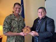 MAJURO, Republic of the Marshall Islands (Jan. 23, 2025) Commander, Joint Task Force-Micronesia (JTF-M) Rear Adm. Greg Huffman meets with Republic of the Marshall Islands National Security Advisor Chris deBrum in Majuro, Jan. 23, 2025.