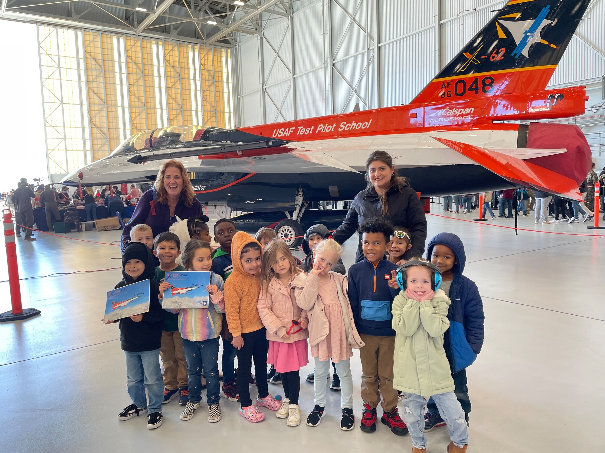 Transitional kindergarten students from William A. Bailey visit the 50th Anniversary of the F-16 celebration. Over 1200 students from Muroc Joint Unified School District attended the event to see static displays, participate in STEM activities, and watch a fly over from the Thunderbirds on the flightline.