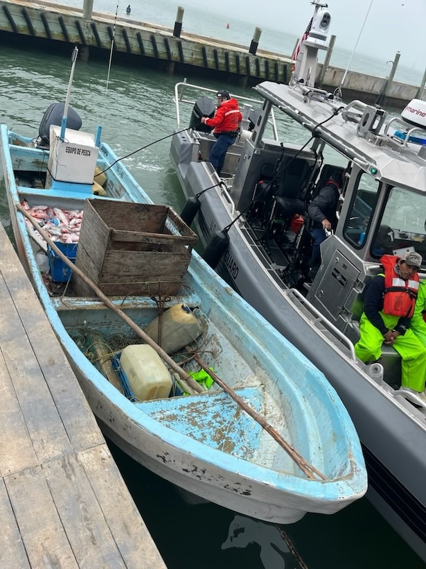 A Law Enforcement crew from Coast Guard Station South Padre Island takes a photo of a Mexican lancha interdicted off the southern Texas coast, Jan. 28, 2025. Coast Guard Station South Padre Island crews interdicted a lancha and seized 200 pounds of red snapper. (U.S. Coast Guard photo, courtesy Station South Padre Island)