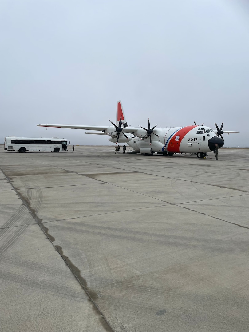 A U.S. Coast Guard C-130 prepares for take-off in support of alien expulsion flight operations between California and Texas.