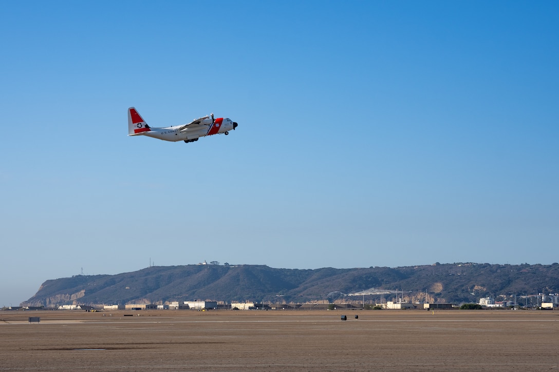 A U.S. Coast Guard C-130 takes-off in support of alien expulsion flight operations between California and Texas.