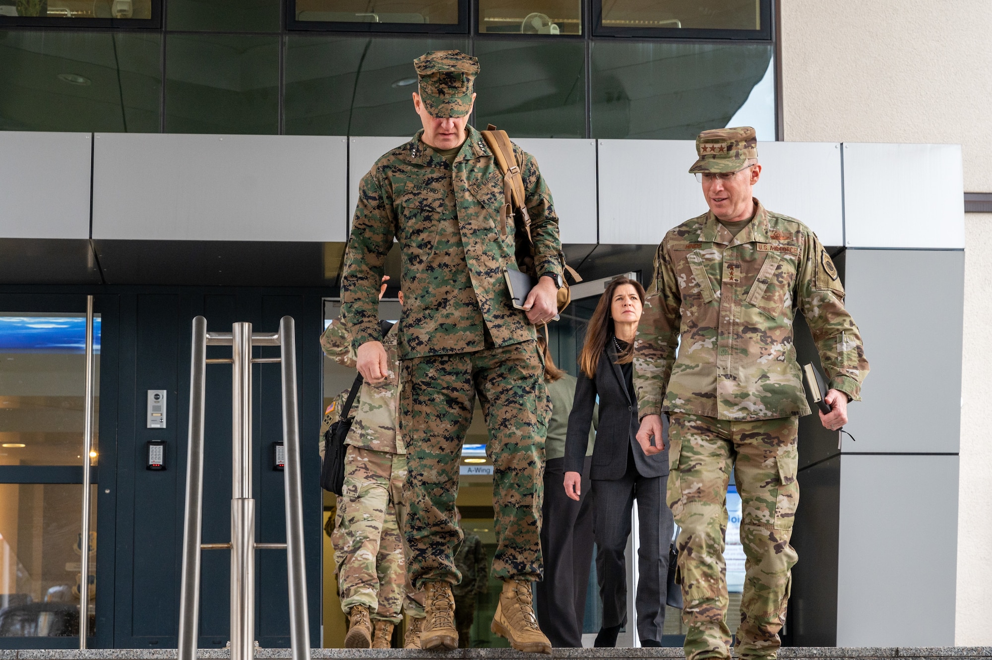 U.S. Marine Corps Lt. Gen. Robert C. Fulford, U.S. European Command deputy commander, and U.S. Air Force Lt. Gen. Jason T. Hinds, U.S. Air Forces in Europe - Air Forces Africa deputy commander, tour local agencies on Ramstein Air Base, Germany, Jan. 28, 2025. The purpose of their visit was to view ongoing operational capabilities at the 603rd Air Operations Center and Ramstein Air Defense Systems Integration Lab, in their aim to develop cross-domain solutions to integrated air and missile defense.