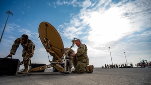 U.S. Airmen assigned to the 379th Expeditionary Communications Squadron assemble a satellite terminal during Operation Agile Spartan 25.1 within the U.S. Central Command area of responsibility, Jan. 27, 2025. Ninth Air Force (Air Forces Central) launched Operation Agile Spartan across the Arabian Peninsula to validate the U.S. Air Force’s Agile Combat Employment construct in a combat environment.