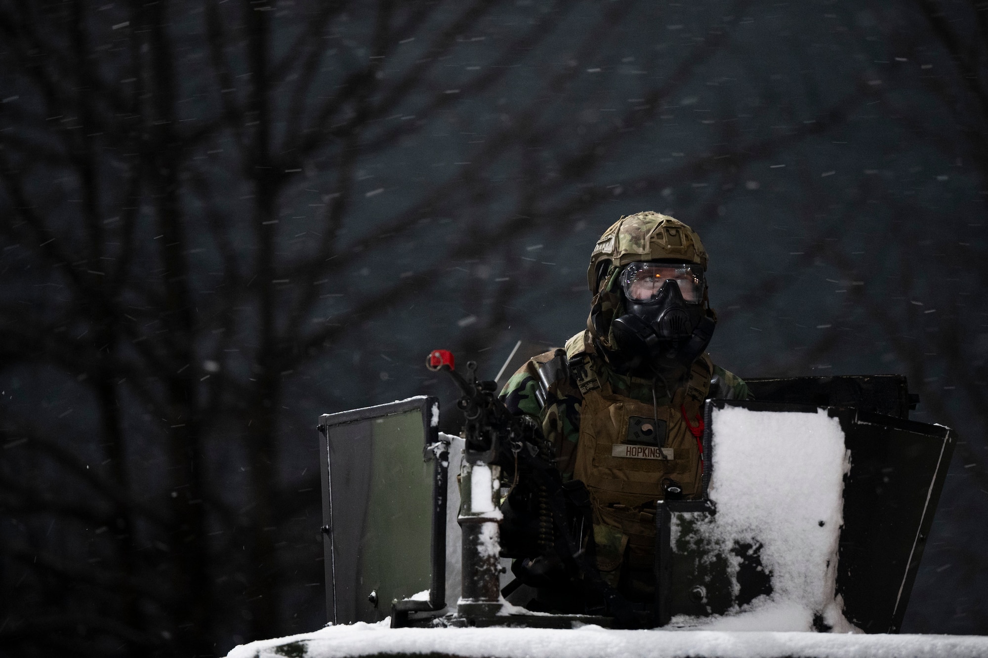U.S. Air Force Airman 1st Class Joseph Hopkins, 51st Security Forces Squadron member, patrols during Beverly Herd 25-2 at Osan Air Base, Republic of Korea, Jan. 27, 2025.