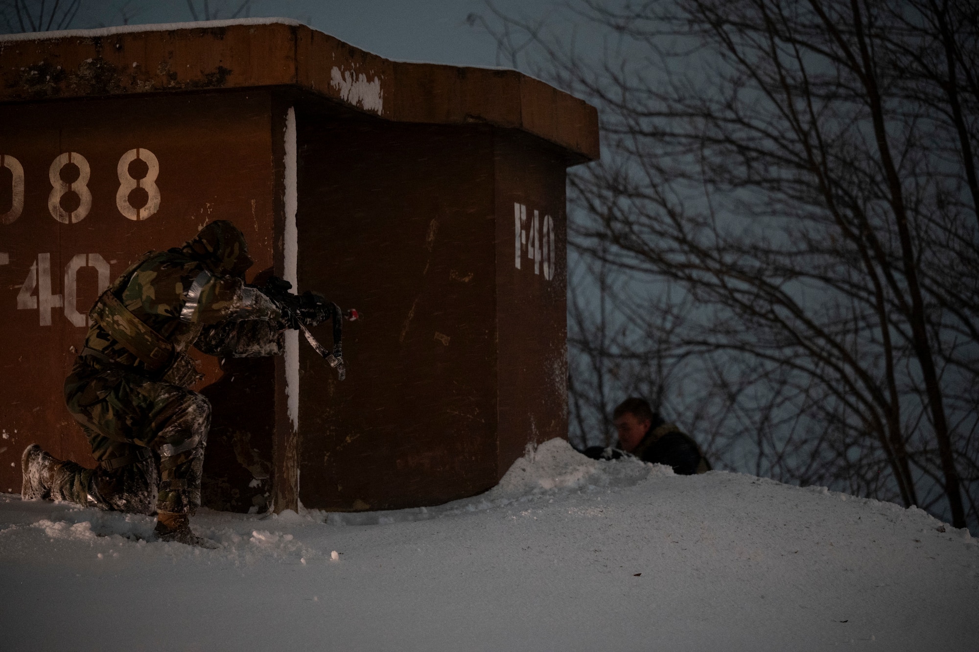 U.S. Air Force Master Sgt. Geoffrey Nesbit, 51st Security Forces Squadron flight chief, approaches a simulated adversary during Beverly Herd 25-2 at Osan Air Base, Republic of Korea, Jan. 27, 2025.