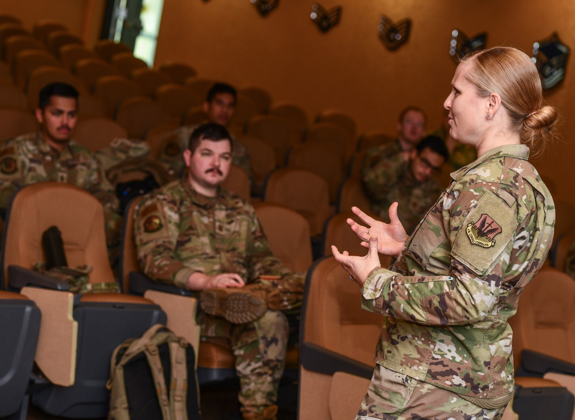 Chief Master Sgt. Tabatha Sanders, 55th Operations Group senior enlisted leader, speaks to a class of company grade officers during the Flight Commanders Course at Offutt Air Force Base, Jan. 24, 2025. The course featured senior non-commissioned officers mentoring young officers to enhance their leadership abilities. (U.S. Air Force photo by Chad Watkins)
