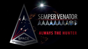 Space Operations Command's leadership announced the organization's updated motto, "Semper Venator," January 27, 2025. Meaning "always the hunter," the phrase embraces a culture that embodies the hunter mindset, is committed to excellence, proactively plans for any threat, focuses on delivering winning outcomes and is always ready. (U.S. Space Force graphic by Dave Grim)