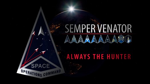  Space Operations Command's leadership announced the organization's updated motto, "Semper Venator," January 27, 2025. Meaning "always the hunter," the phrase embraces a culture that embodies the hunter mindset, is committed to excellence, proactively plans for any threat, focuses on delivering winning outcomes and is always ready. (U.S. Space Force graphic by Dave Grim)