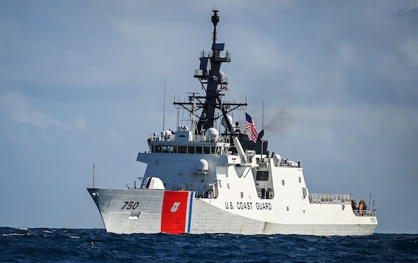 U.S. Coast Guard Cutter Bertholf (WMSL 750) transits near the Singapore Straits, Feb. 29, 2024. The Bertholf is a 418-foot National Security Cutter currently deployed to the Indo-Pacific region under the tactical control of U.S. 7th Fleet. (U.S. Coast Guard photo by Petty Officer Steve Strohmaier)