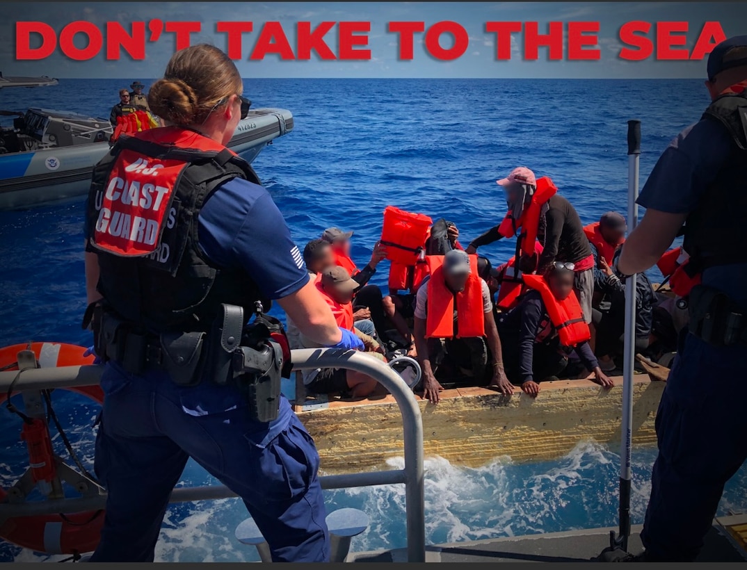 Don't take to the seas graphic. Make shift vessels are unsafe and unseaworthy, weather can change quickly and you could love your life. (U.S. Coast Guard graphic)