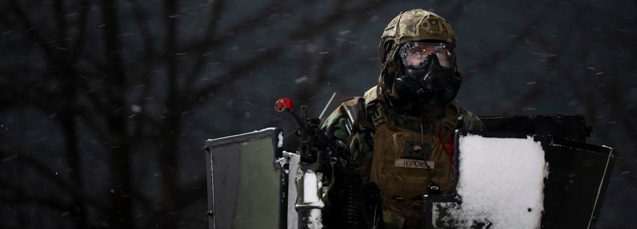 U.S. Air Force Airman 1st Class Joseph Hopkins, 51st Security Forces Squadron member, patrols during Beverly Herd 25-2 at Osan Air Base, Republic of Korea, Jan. 27, 2025.