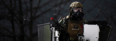 OSAN, South Korea (Jan. 27, 2025) — U.S. Air Force Airman 1st Class Joseph Hopkins, 51st Security Forces Squadron member, patrols during Beverly Herd 25-2 at Osan Air Base, Republic of Korea, Jan. 27, 2025. Beverly Herd is an annual 51st Fighter Wing readiness exercise. During the exercise, 51st SFS Airmen are primarily responsible for defending the base, allowing the wing to generate combat airpower. (U.S. Air Force photo by Tech. Sgt. Clayton Lenhardt)