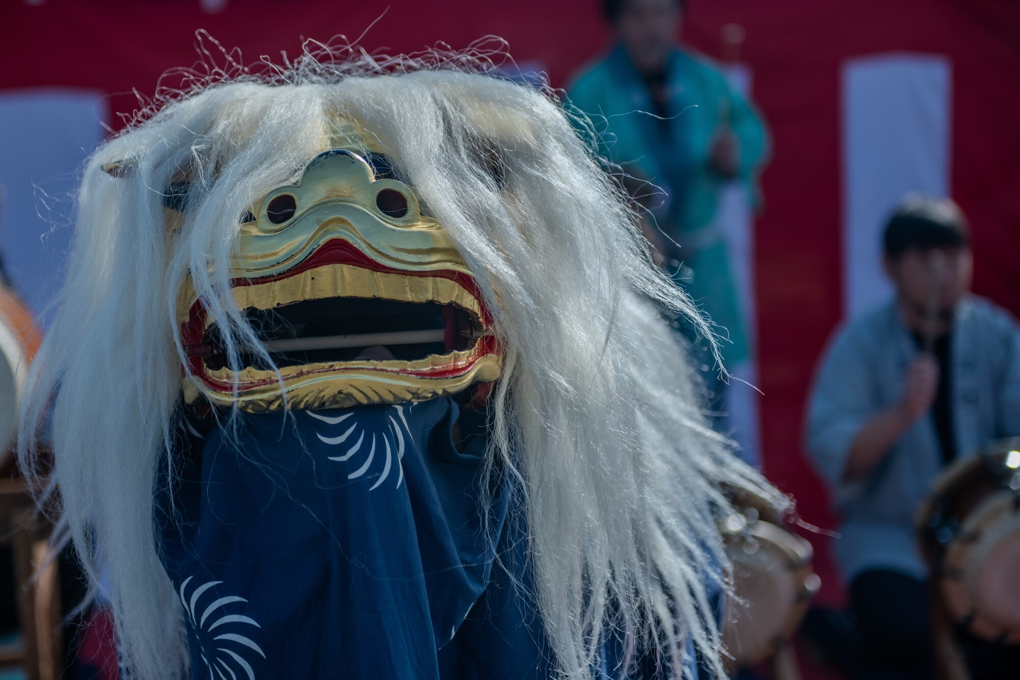 A performer dresses as a lion mascot during a dance.