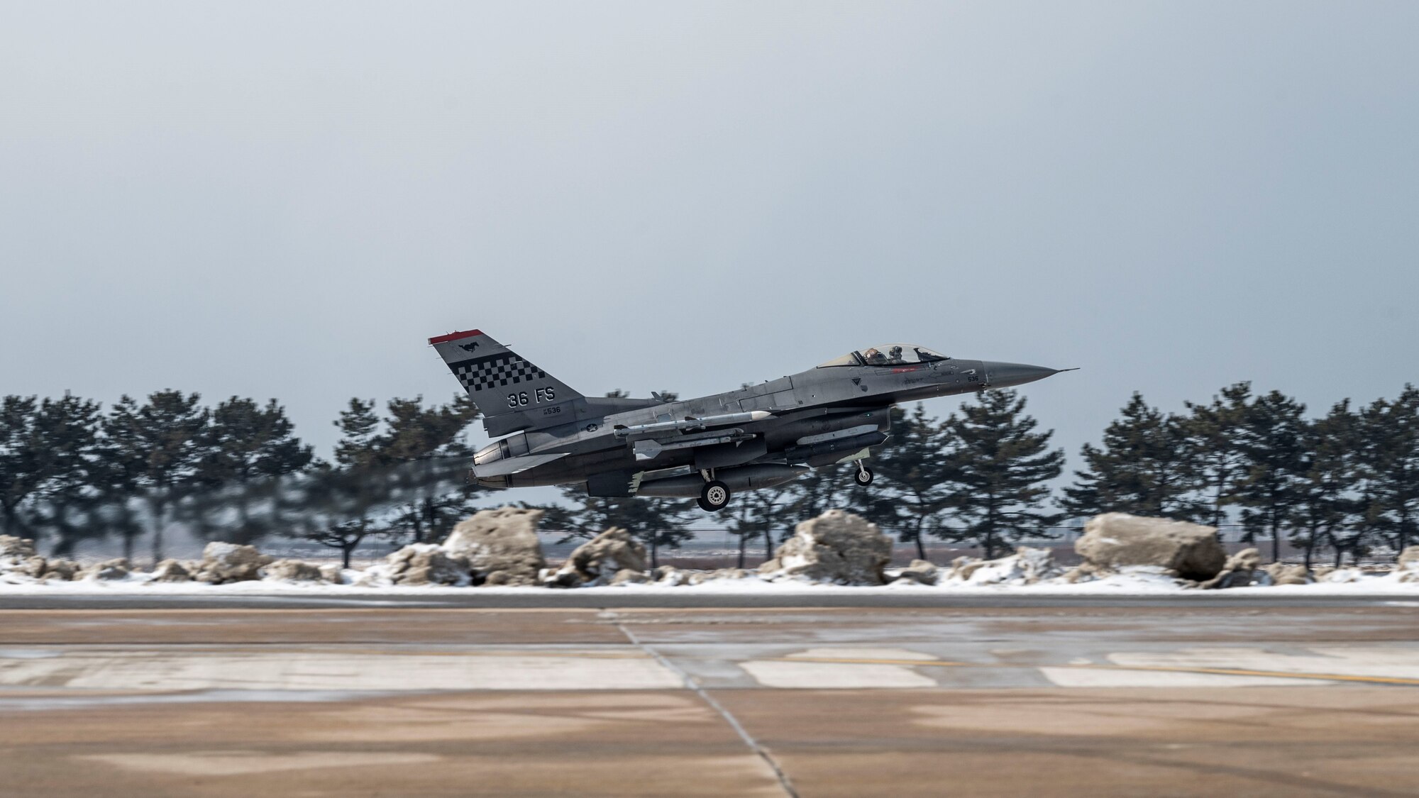 An F-16 Fighting Falcon assigned to the 36th Fighter Squadron at Osan Air Base, Republic of Korea takes off from a runway at Kunsan Air Base, ROK, Jan. 29, 2025.