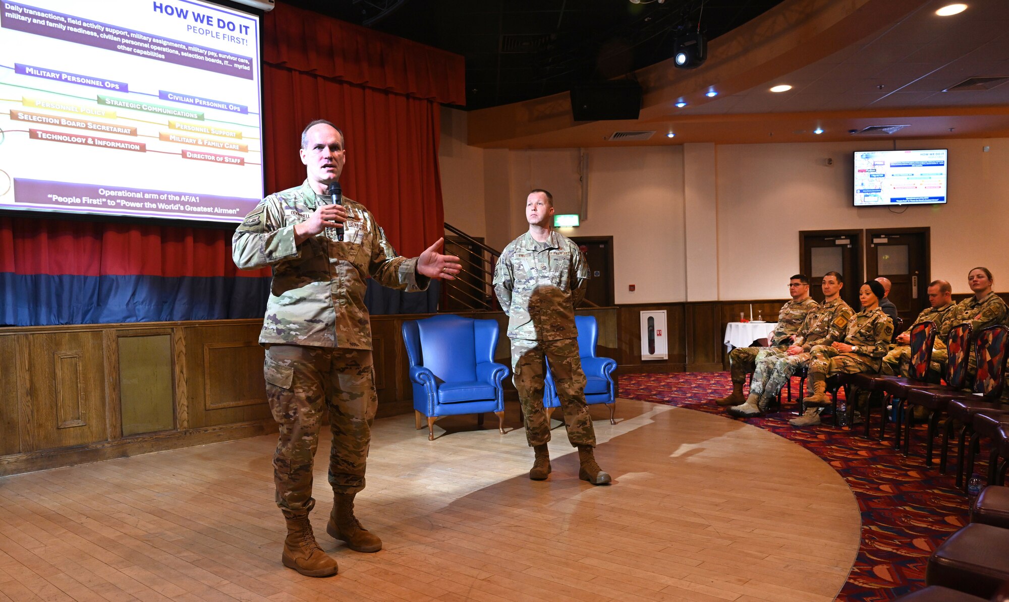 U.S. Air Force Maj. Gen. Jefferson O’Donnell, left, Air Force Personnel Center commander, Joint Base San Antonio-Randolph, Texas, speaks at a town hall meeting with Chief Master Sgt. Edwin Ludwigsen, AFPC command chief, JBSA-Randolph, at RAF Mildenhall, England, Jan. 23, 2025. The AFPC command team met with base leadership to increase awareness of talent management issues, enable better teamwork and execution, and receive feedback on how AFPC can better assist Airmen, Guardians and their families. (U.S. Air Force photo by Karen Abeyasekere)