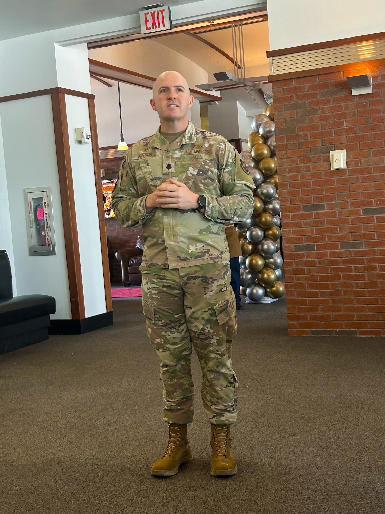 U.S. Air Force Lt. Col. Joseph McIntosh, 87th Force Support Squadron commander, delivers opening remarks at the grand opening of the new location for Pudgy’s Sport Pub at Joint Base McGuire-Dix-Lakehurst, N.J., Jan. 24, 2025. The original Pudgy’s, lovingly named for U.S. Air Force Maj. Thomas McGuire’s wife, Marilynn, opened on McGuire Air Force Base Sep. 27,1996. (U.S. Air Force photo by Jewaun McElroy)