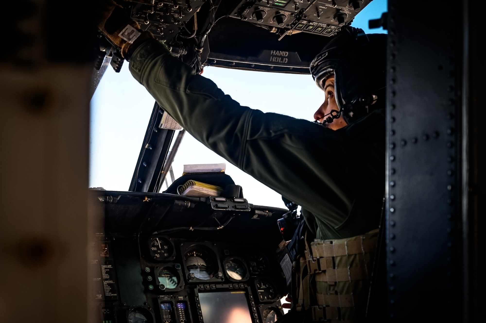 U.S. Marine Corps Maj. Michaela Amore, Marine Heavy Helicopter Squadron 772 helicopter pilot, prepares a CH-53E Super Stallion helicopter for takeoff at Joint Base McGuire-Dix-Lakehurst, N.J., Jan. 22, 2025. The helicopter was requested on behalf of the Pennsylvania Army National Guard to lift and relocate nine Stryker armored vehicles to the Fort Indiantown Gap training range. The lift was assisted by a team of U.S. Air Force Airmen assigned to the 621st Contingency Response Group who secured and released each Stryker to the helicopter. (U.S. Air Force photo by Senior Airman Matt Porter)